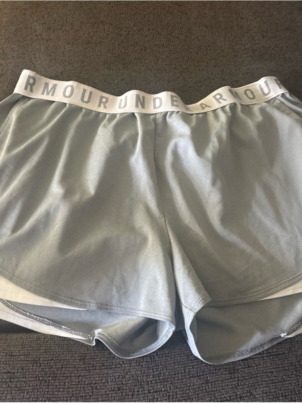 Under Armour Women's Light Gray Athletic Shorts with Logo Waistband